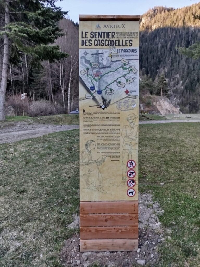 Panneau pédagogique sur le sentier des Cascadelles à Avrieux