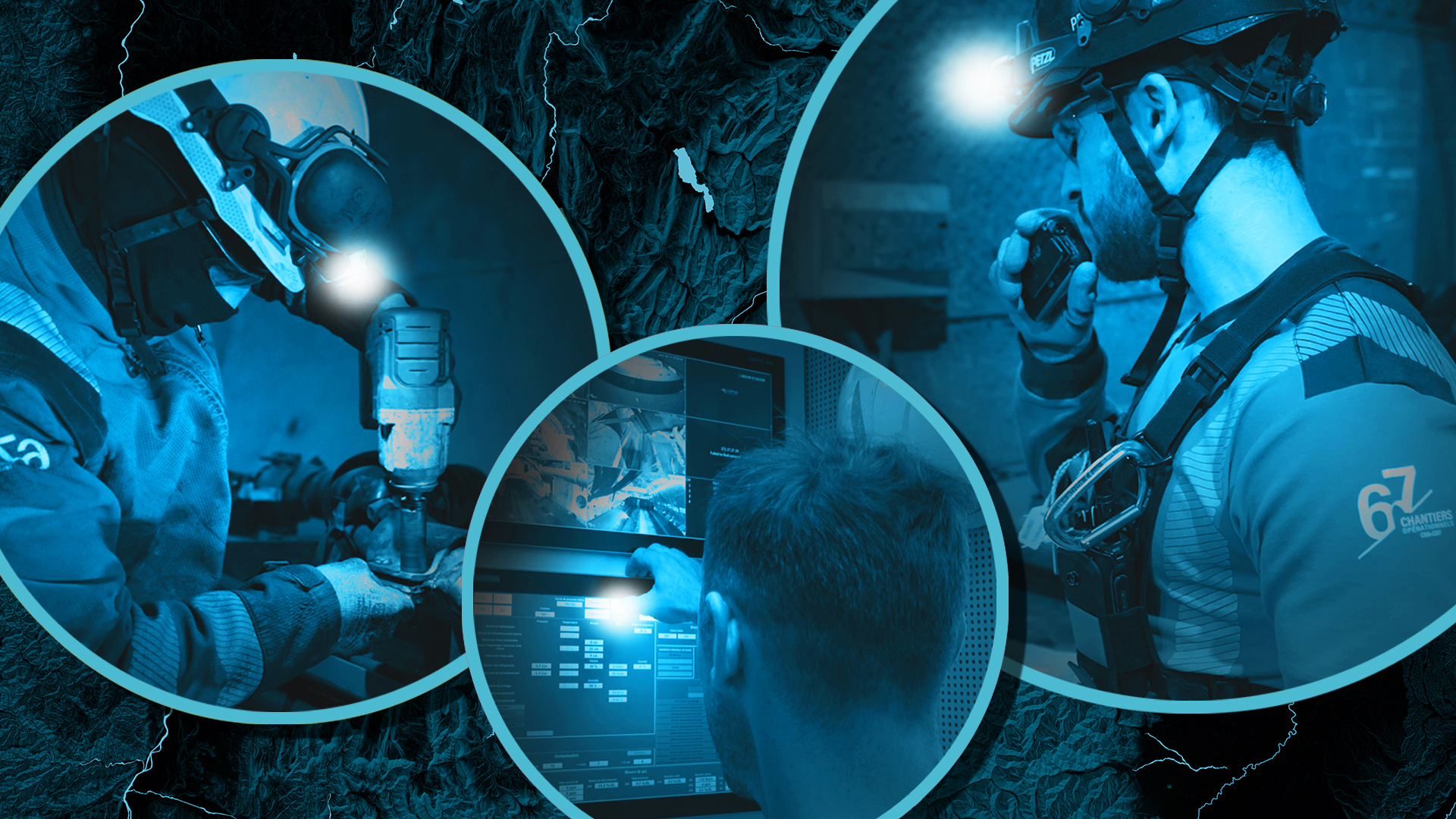 Métiers du chantier Lyon-Turin en situation réelle : contrôle de l'avancement du tunnelier sur écran, communication radio et réparation d'une machine avec une visseuse dans le tunnel